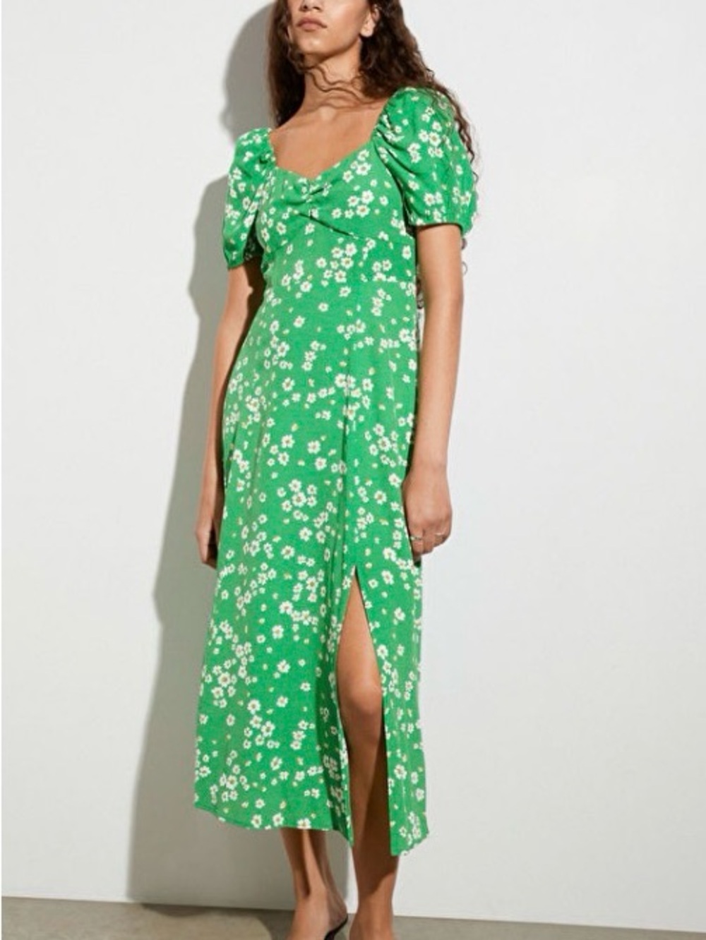 Hollister Green Floral Puff-Sleeve Midi Dress